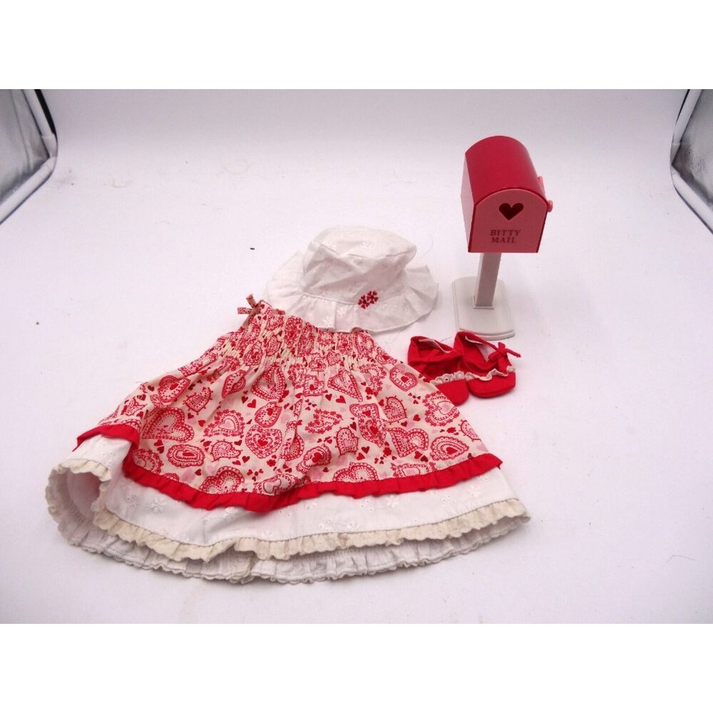 American Girl Bitty Baby Little Sweetie Set Hat Dress Shoes Heart Mail‎ Box